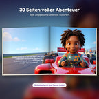 Innenseite Rennfahrer-Buch: das Kind sitzt im roten Rennauto