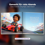 Innenseite Rennfahrer-Buch: das Kind fährt lachend los