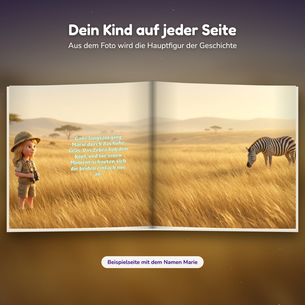 Innenseite Safari-Buch: das Kind im hohen Gras mit einem Zebra