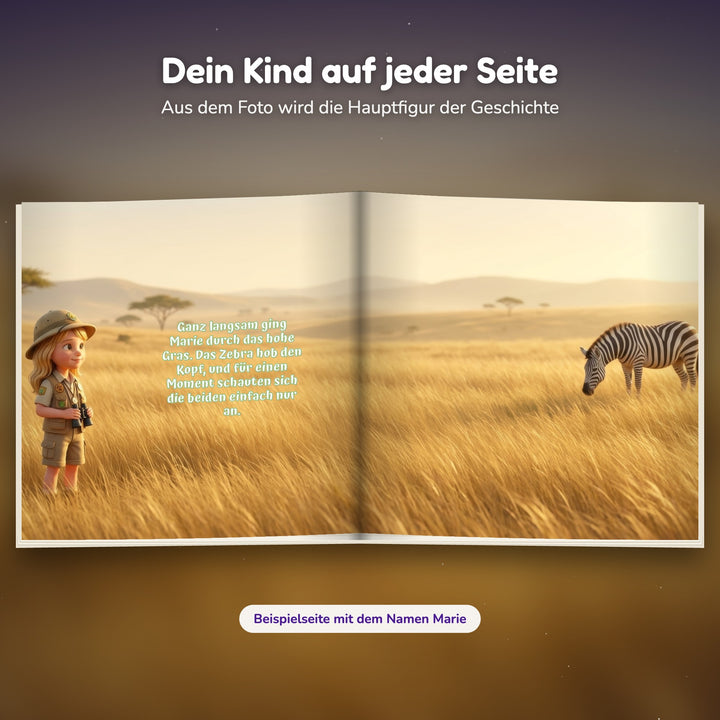 Innenseite Safari-Buch: das Kind im hohen Gras mit einem Zebra