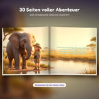 Innenseite Safari-Buch: das Kind begrüßt den Elefanten