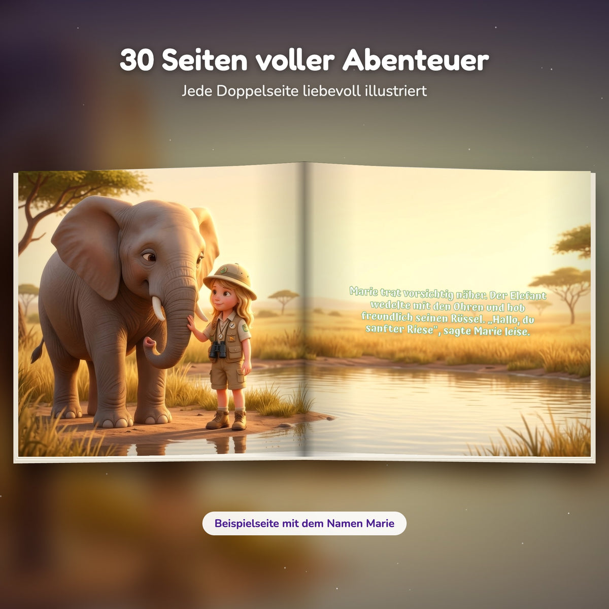 Innenseite Safari-Buch: das Kind begrüßt den Elefanten