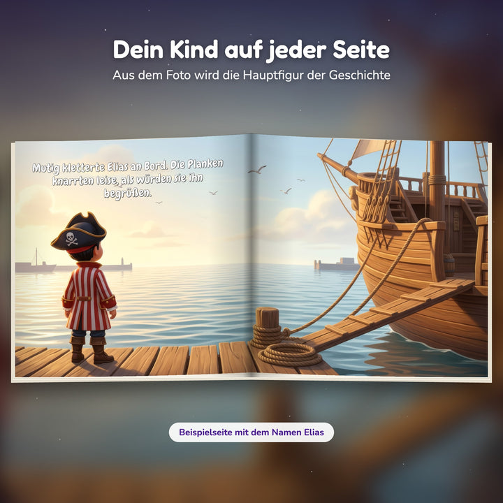 Innenseite Piraten-Buch: das Kind geht an Bord des Segelschiffs