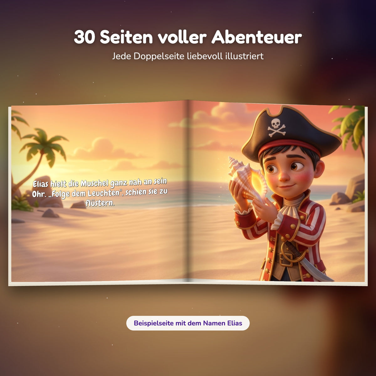 Innenseite Piraten-Buch: das Kind lauscht an der leuchtenden Muschel