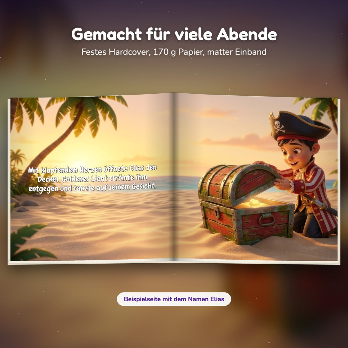 Innenseite Piraten-Buch: das Kind öffnet die Schatzkiste