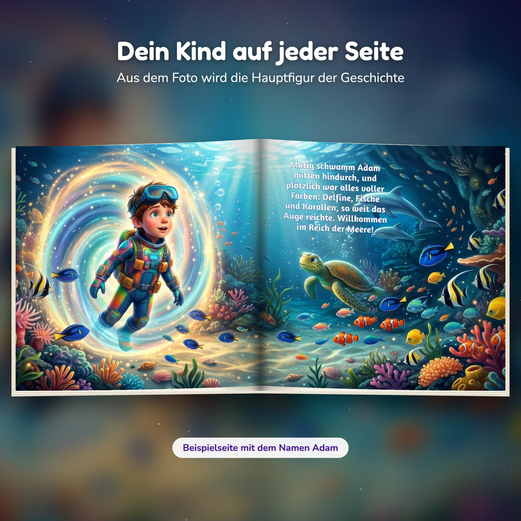 Innenseite Unterwasser-Buch: das Kind taucht durch den Lichtstrudel