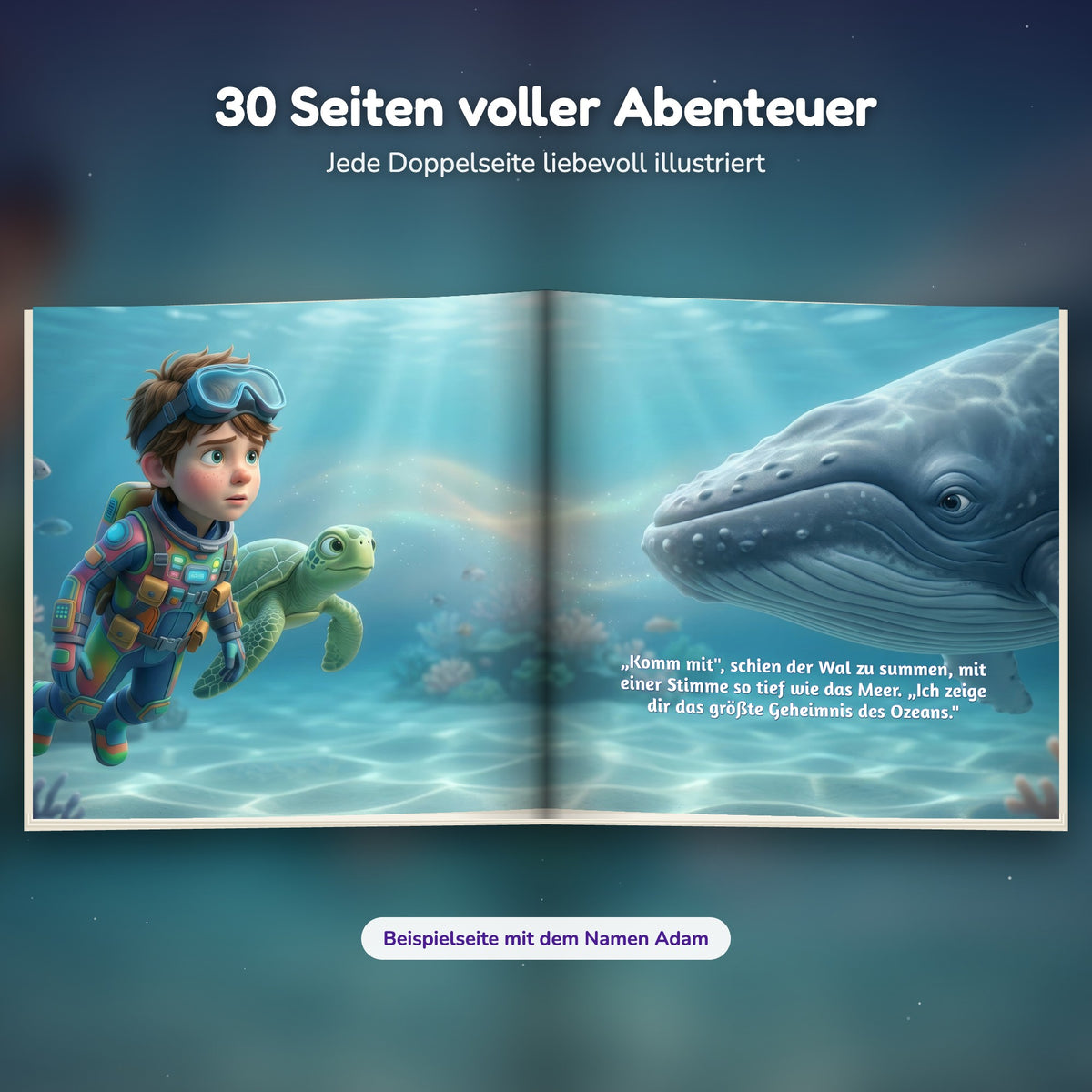 Innenseite Unterwasser-Buch: das Kind mit Schildkröte und Wal