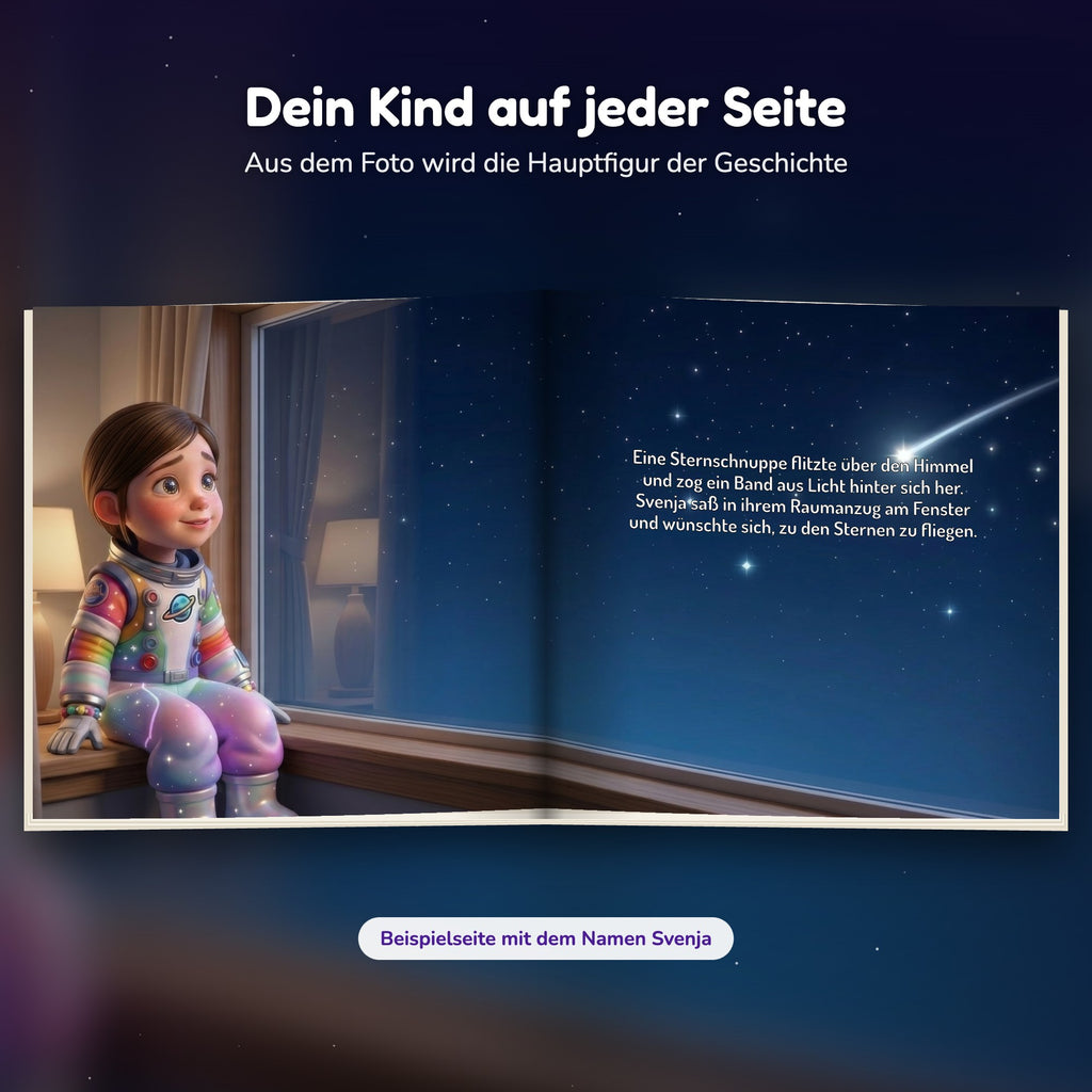 Innenseite Weltraum-Buch: das Kind im Raumanzug am Fenster