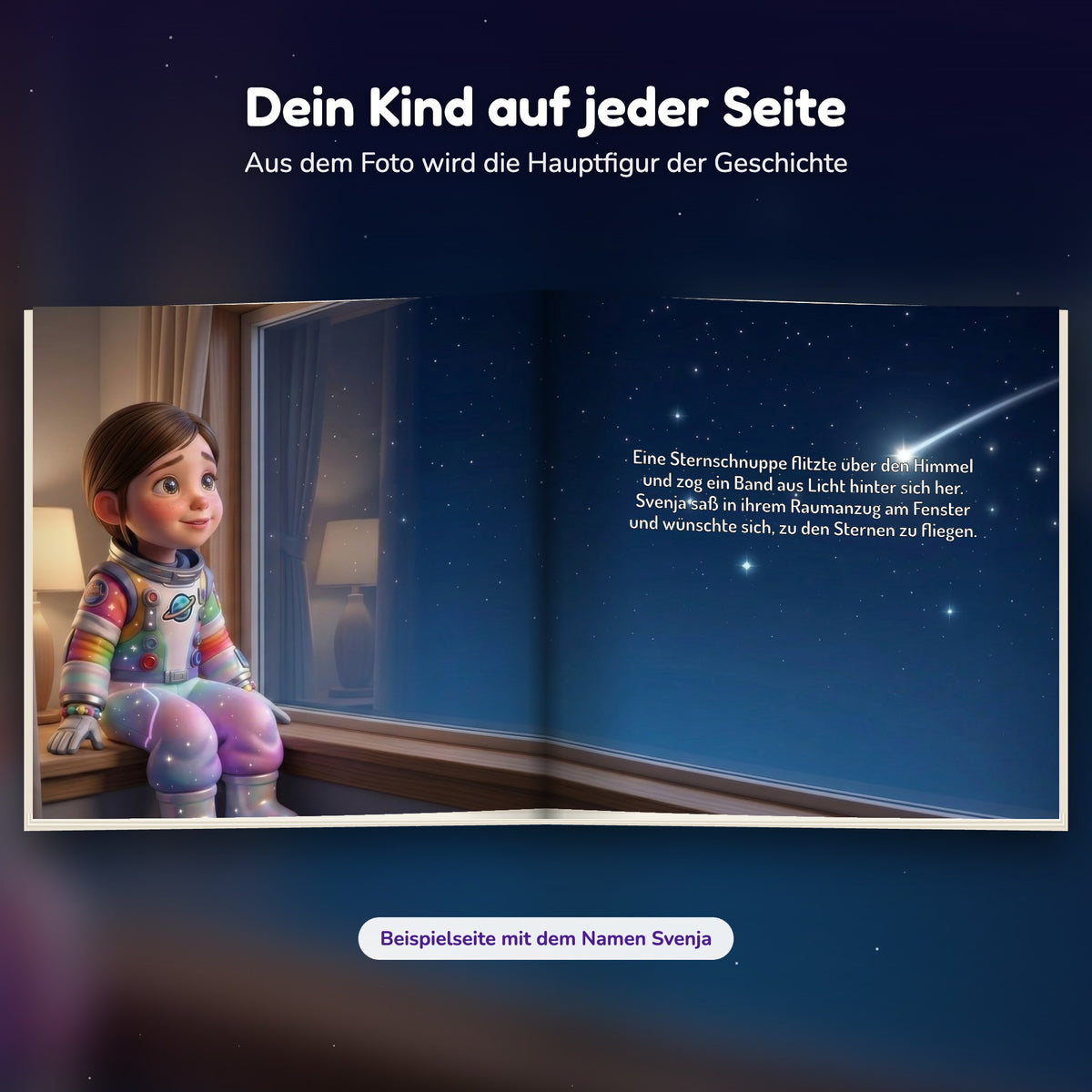 Innenseite Weltraum-Buch: das Kind im Raumanzug am Fenster