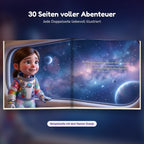 Innenseite Weltraum-Buch: das Kind schaut aus dem Raumschiff auf Mond und Planeten