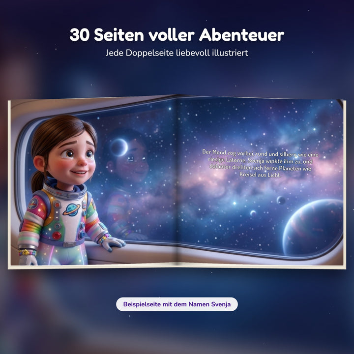Innenseite Weltraum-Buch: das Kind schaut aus dem Raumschiff auf Mond und Planeten