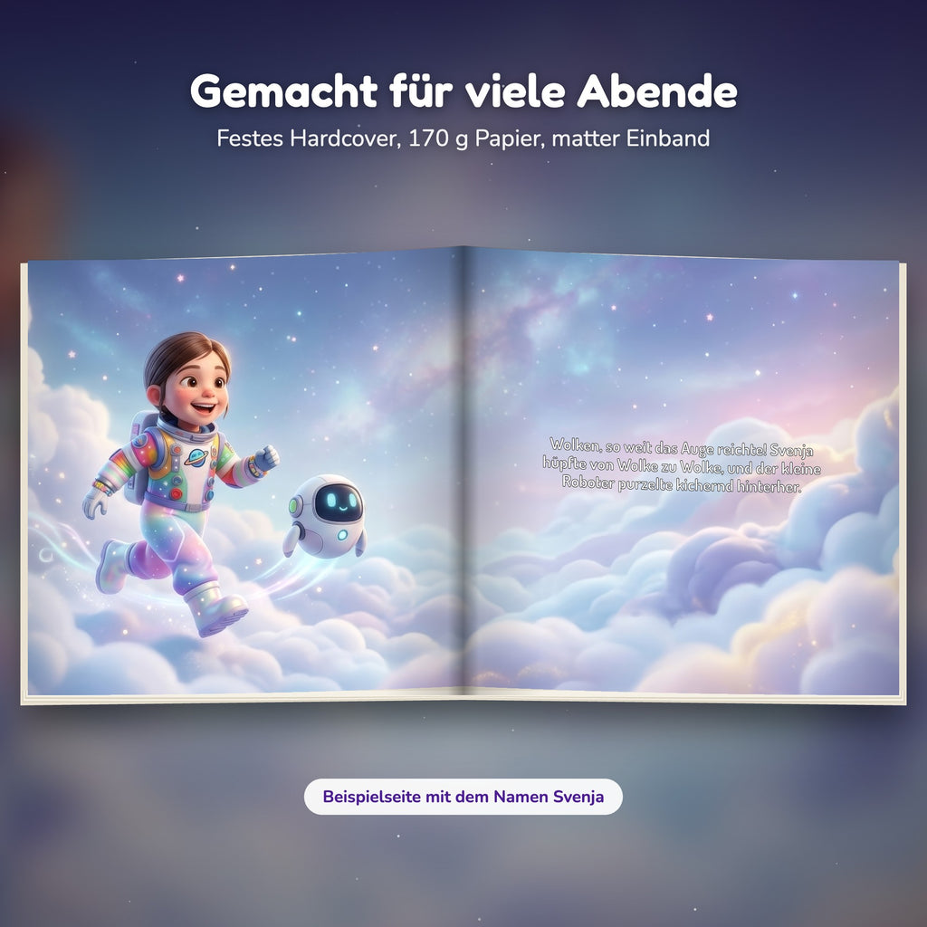 Innenseite Weltraum-Buch: das Kind hüpft über die Wolken
