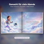 Innenseite Weltraum-Buch: das Kind hüpft über die Wolken