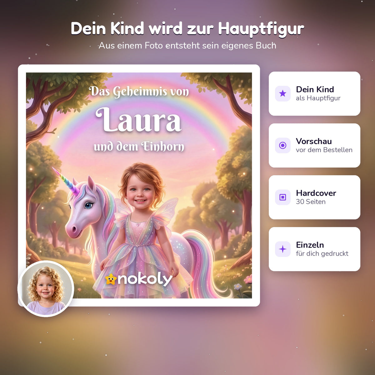 Dein Kind wird zur Hauptfigur, personalisiertes Einhorn-Kinderbuch mit Foto