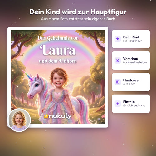 Dein Kind wird zur Hauptfigur, personalisiertes Einhorn-Kinderbuch mit Foto