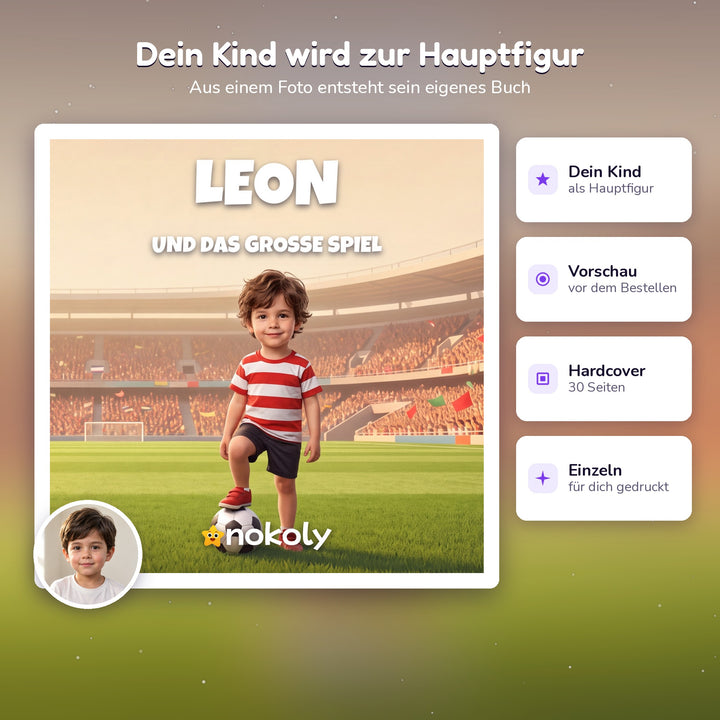 Dein Kind wird zur Hauptfigur, personalisiertes Fußball-Kinderbuch mit Foto