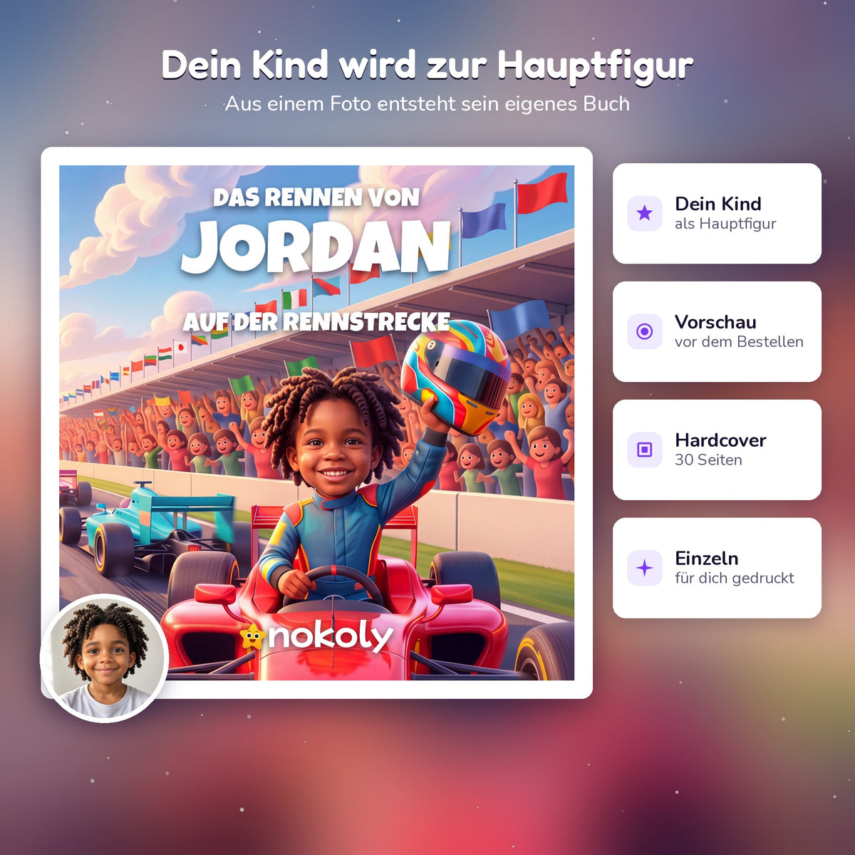 Dein Kind wird zur Hauptfigur, personalisiertes Rennfahrer-Kinderbuch mit Foto