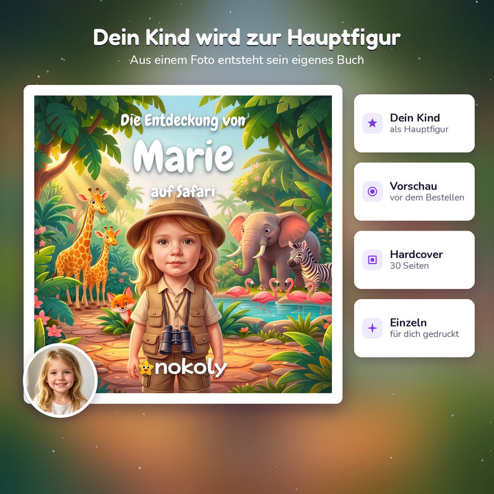 Dein Kind wird zur Hauptfigur, personalisiertes Safari-Kinderbuch mit Foto