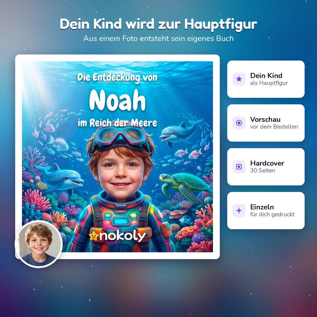 Dein Kind wird zur Hauptfigur, personalisiertes Unterwasser-Kinderbuch mit Foto