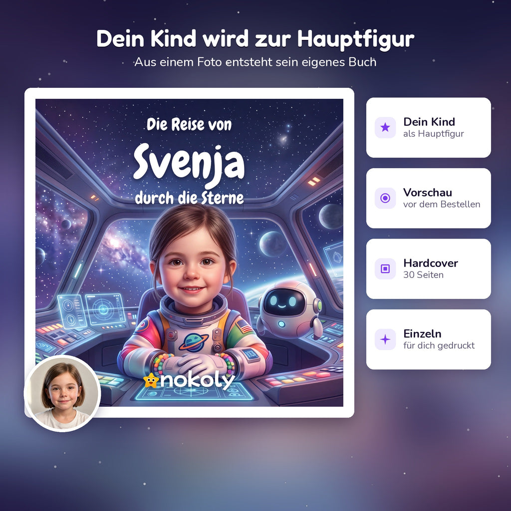 Dein Kind wird zur Hauptfigur, personalisiertes Weltraum-Kinderbuch mit Foto