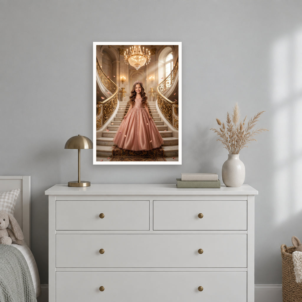 Prinzessinnen-Poster im weißen Rahmen über der Kommode im Kinderzimmer