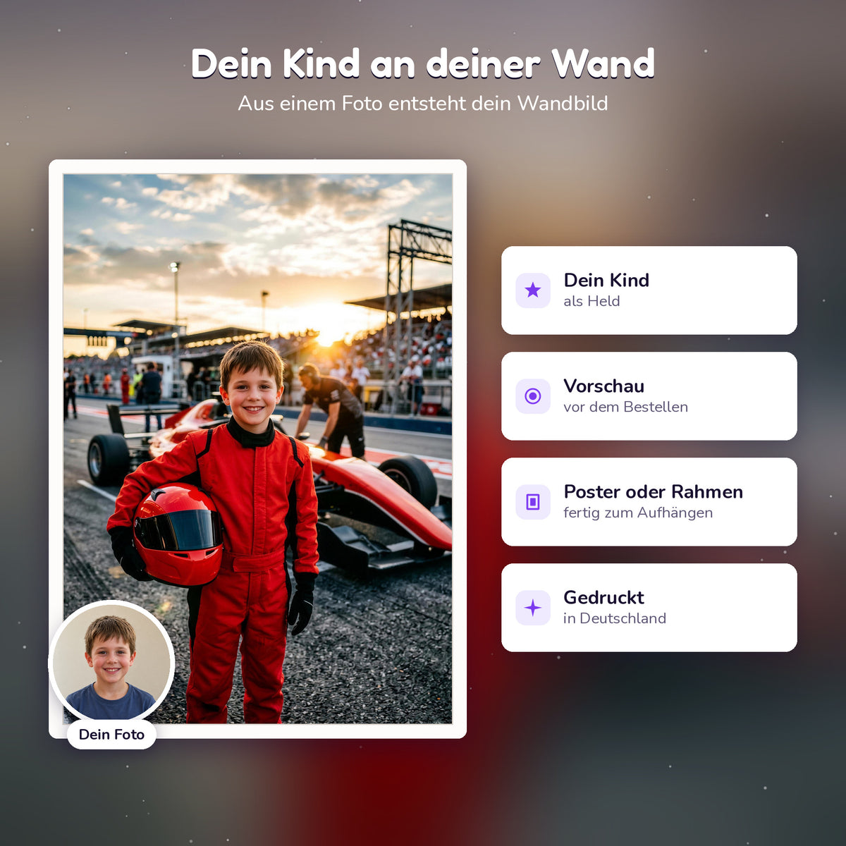 Personalisiertes Rennfahrer-Poster, so entsteht es aus dem Foto deines Kindes