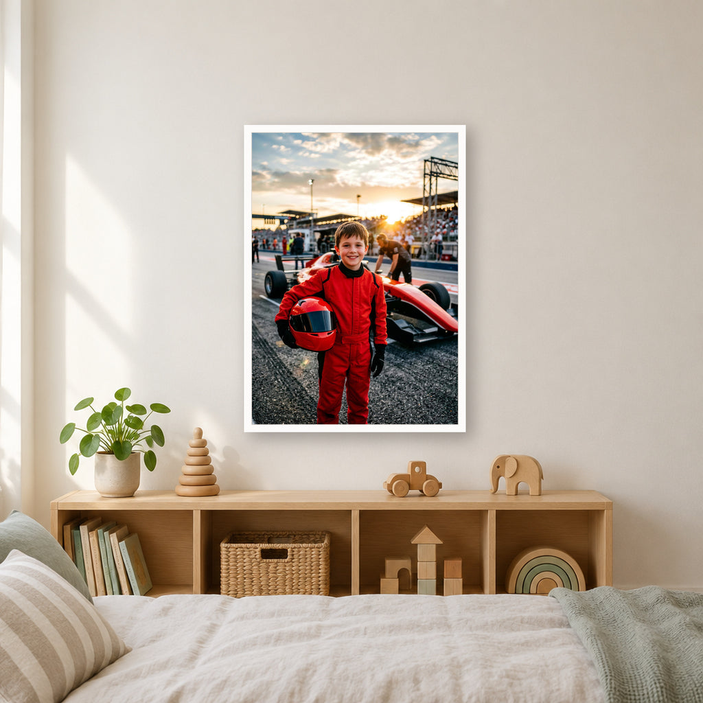 Rennfahrer-Poster im weißen Rahmen über dem Regal im Kinderzimmer