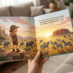 Aufgeschlagenes Safari-Buch: das Kind blickt über die Savanne mit Elefanten und Zebras