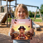 Mädchen hält ein personalisiertes Piraten-Kinderbuch auf dem Spielplatz