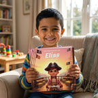 Junge hält sein personalisiertes Piraten-Kinderbuch auf dem Sofa
