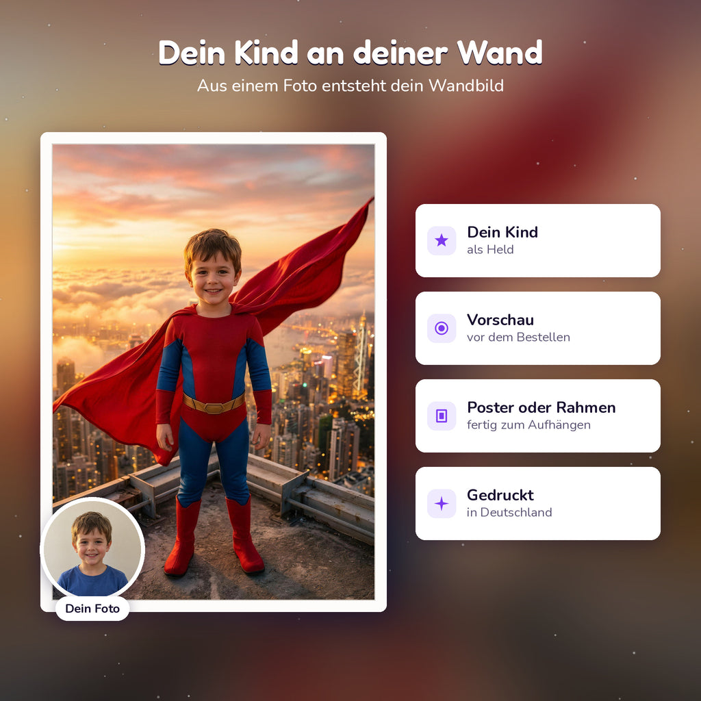 Personalisiertes Superhelden-Poster, so entsteht es aus dem Foto deines Kindes