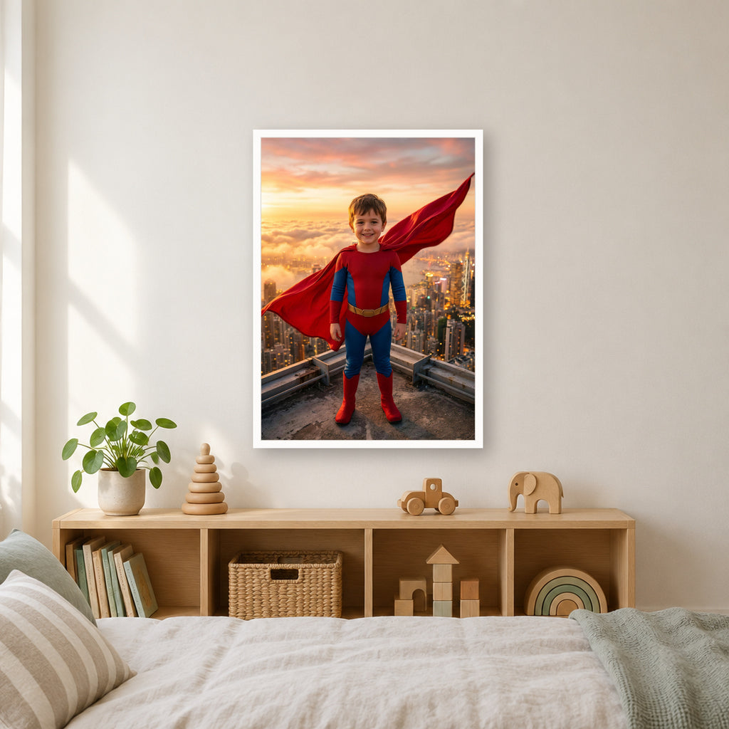Superhelden-Poster im weißen Rahmen über dem Regal im Kinderzimmer