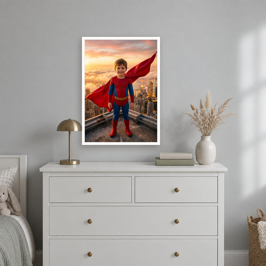 Superhelden-Poster im weißen Rahmen über der Kommode im Kinderzimmer