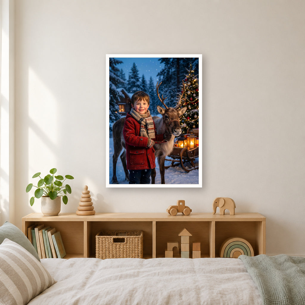 Weihnachts-Poster im weißen Rahmen über dem Regal im Kinderzimmer