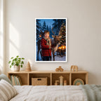 Weihnachts-Poster im weißen Rahmen über dem Regal im Kinderzimmer